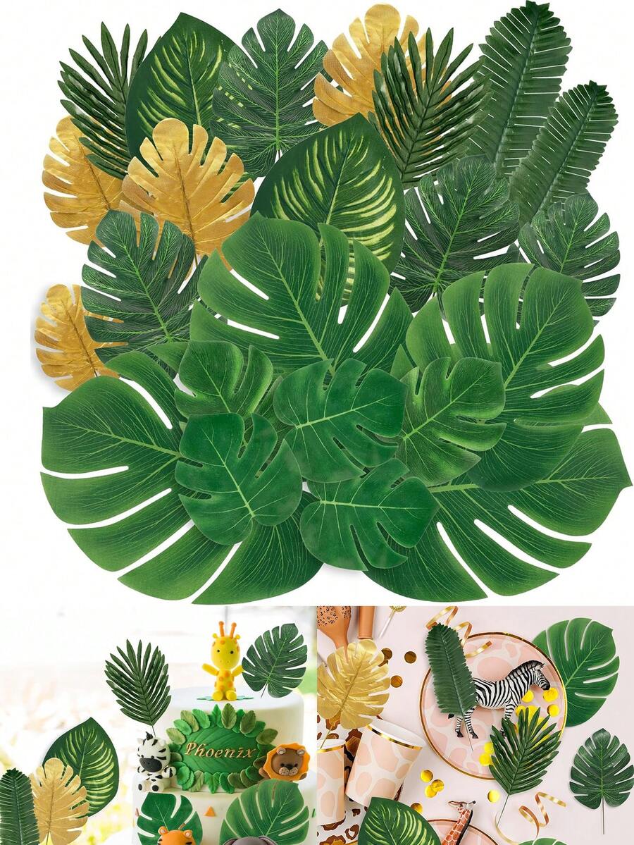 24 Artificial Tropical Palm Leaves To Create A Tropical Party Atmosphere, Including 8 Different Styles: Tropical Leaves, Monstera Leaves, And Jungle Leaves With Stems. Suitable For Hawaiian Luau Parties, Beach Table Decorations, Weddings, Birthday Themed Decorations, Hawaiian Parties, Beach Parties, Baby Showers, Wedding And Birthday Decorations, Gifts, Graduation Ceremonies, And Artificial Plant Decorations. - Green - View 1