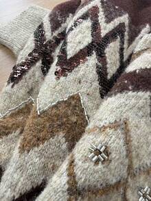 French Retro V-Neck Knit Cardigan, Women Autumn/Winter Cinched Waist Slim Sequin & Beaded Jacket - Multicolor - View 3