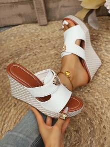 Women's Platform Wedge Sandals, European And American Cross-Border Plus Size Wedge Sandals, Rope Platform Fashion High Heel Sandals, Chunky Sole Slip-On High Heel Sandals - Beige - View 1