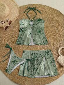 新款春夏性感印花网纱拼接串珠配饰三件套比基尼，挂脖式泳装，适合海滩、泳池派对和度假穿着 - 綠色 - 查看 3