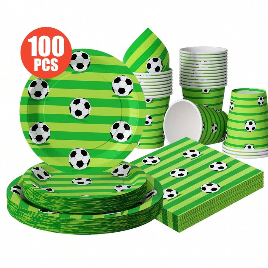 1 Set Of 25 Disposable Football Field Themed Plates, Napkins, Cups - One-Time Party Supplies Suitable For Birthday, Wedding, Theme Party, Family Picnic - Multicolor - View 1