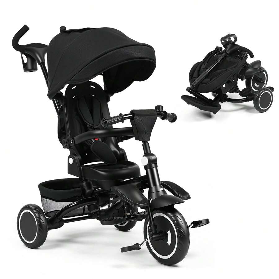 Kinder King Kids Trike Tricycle For Toddlers 1-3, 8 In 1 Folding Toddler Trike W/1-Step Brake, Adjustable Push Handle, Rotatable Seat, Adjustable Canopy, Bell, 5-Point Harness, Storage, Black - Black - View 1