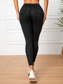 Women's High Waist Elastic Skinny Leggings, With Back Pocket Design, Slim Fit Shaping Sports Yoga Pants - Black - View 3