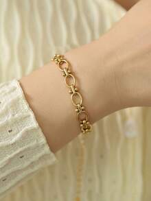 Nooxian 1pc Women's Bracelet, Waterproof Beach Vacation Layered Style, Stainless Steel Hollow Oval Handmade Chain Bracelet, Daily Accessory Gift (Chain Links & Beads Quantity Random) - Yellow Gold - View 7