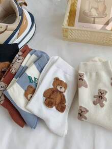 5 Pairs Of Women's Cartoon Bear Mid-Calf Socks,Playful Campus Cute Style, Soft And Comfortable, Suitable For Daily Wear, Home, Commuting, And Sports, All-Season Versatile Long Socks, Easter Gift - Multicolor - View 4