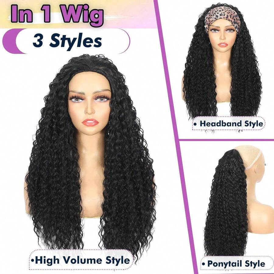 三合一合成假发，长款水波纹黑色假发，无缝翻转式免胶新手友好型深波浪卷发假发，配有抽绳头带，适合日常佩戴 - 彩色 - 查看 1