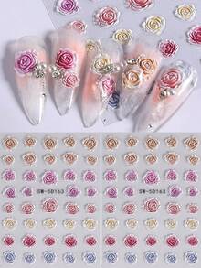 2片装浮雕玫瑰美甲贴纸，棕色、粉色、白色、蓝色、红色玫瑰花美甲贴花，5D自粘美甲装饰，美甲用品，适合女性、女孩，情人节、婚礼设计美甲 - 彩色 - 查看 10