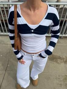 Women's Y2k Striped Button Down Crop Tops Deep V Neck Long Sleeve T Shirts Teen Girls Going Out Tops Club Streetwear - 黑色 - 查看 1