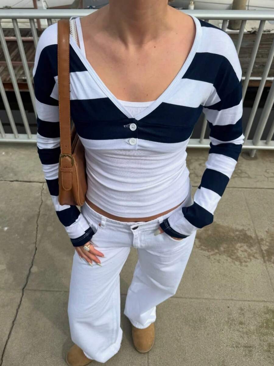 Women's Y2k Striped Button Down Crop Tops Deep V Neck Long Sleeve T Shirts Teen Girls Going Out Tops Club Streetwear - 黑色 - 查看 1