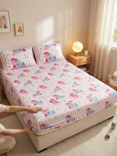  2/3pcs My Little Pony Printed Bedding Set, Includes Fitted Sheet, Mattress Pad Cover, Soft & Breathable, Suitable For All Seasons, Available In Multiple Sizes For Twin/Full/Queen/King Beds, Machine Washable, Cartoon Character Design, Cozy Room Decor, Great Gift, Pink