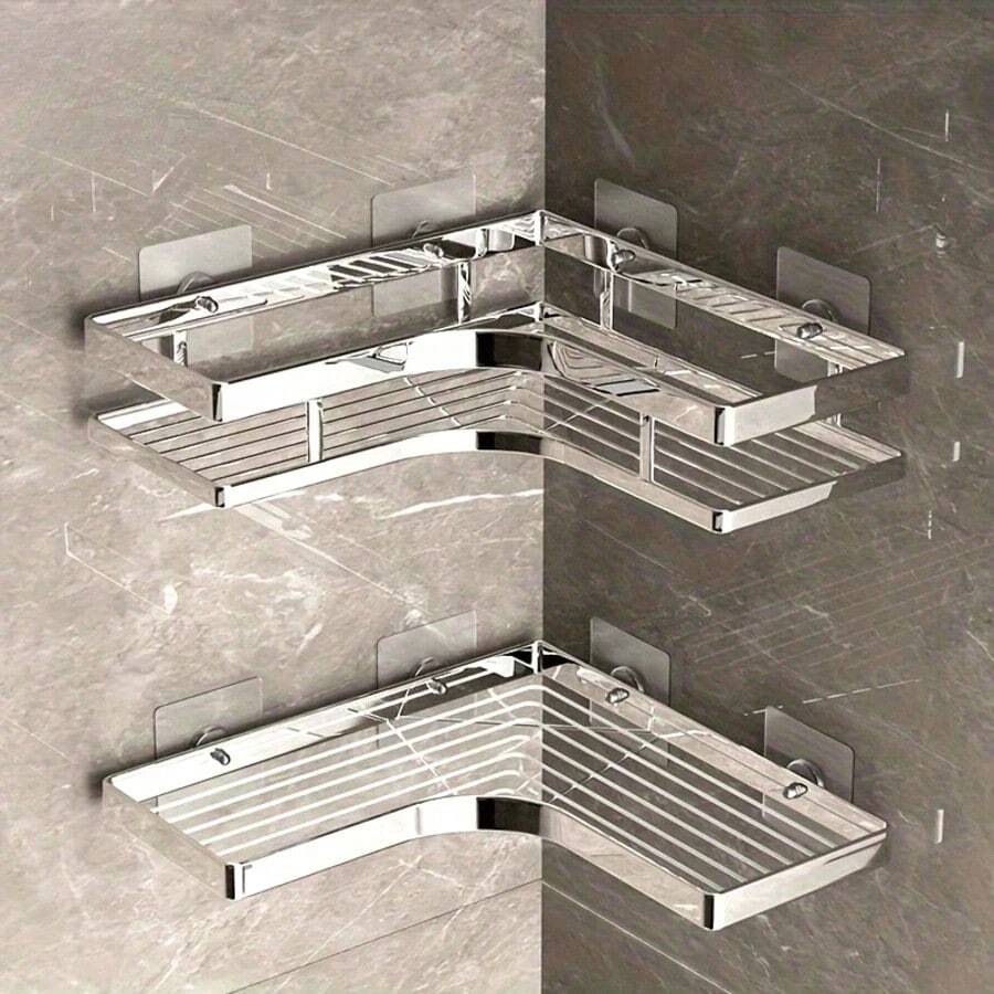 1/2 piezas Estantería de esquina para ducha de acero inoxidable - Estante de baño y cocina montado en la pared, estante triangular de alta resistencia para champú, jabón y artículos de baño, ahorro de espacio para baño y cocina - Plateado - Ver 1