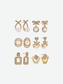 Opalesca 6 Pairs/Set Chic Luxury Faux Pearl Bowknot Rhinestone Cross Geometric Square Earrings, Vintage Fashion Earring Set Suitable For Women Daily & Festival Wear - Multicolor - View 4