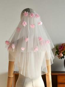 浪漫粉色花卉新娘头纱，求婚头纱