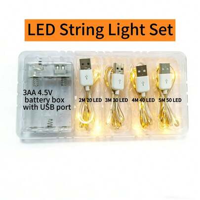 1 Set Battery Box + 2-5m USB Copper Wire Lights, Powered By 3AA 4.5V Batteries, USB Interface For Easy Length Adjustment To Meet Different Needs, Suitable For Room Decor, Ramadan Decor, Wedding, Fairy Lights, String Lights, Indoor Decor, Flexible Artificial Wedding, Fairy Lights, Valentine's Day, Home, Bedroom Decor, Tabletop, Staircase, Wall Decor, LED Lights For Party And Home Decoration