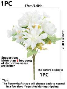 1件/3件装仿真6头牡丹丝花花束，新娘捧花材料，适用于家居、餐厅、花瓶装饰、婚礼装饰、背景幕布、婚车装饰（含DIY花环材料）、门廊装饰、花艺材料、情人节礼物、秋季装饰 - 白色 - 查看 3