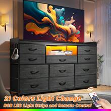 EnHomee Dresser For Bedroom With 11 Drawers 60" TV Stand With LED Lights & Charging Station Long Dresser With Shelves & 4 Hooks,Sturdy Metal Frame & Fabric Drawers,Black,11.8"D X 47.2"W X 31.5"H - 黑色 - 查看 6