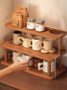 1pc 3-Tier Bamboo & Wood Organizer Rack, Space-Saving Kitchen Countertop Storage Shelf - Multicolor - View 1