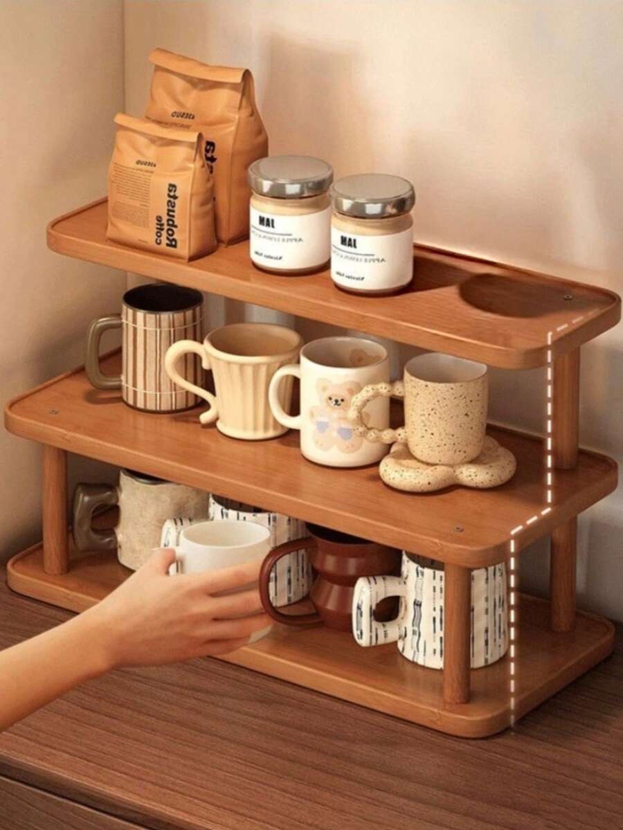 1pc 3-Tier Bamboo & Wood Organizer Rack, Space-Saving Kitchen Countertop Storage Shelf - Multicolor - View 1
