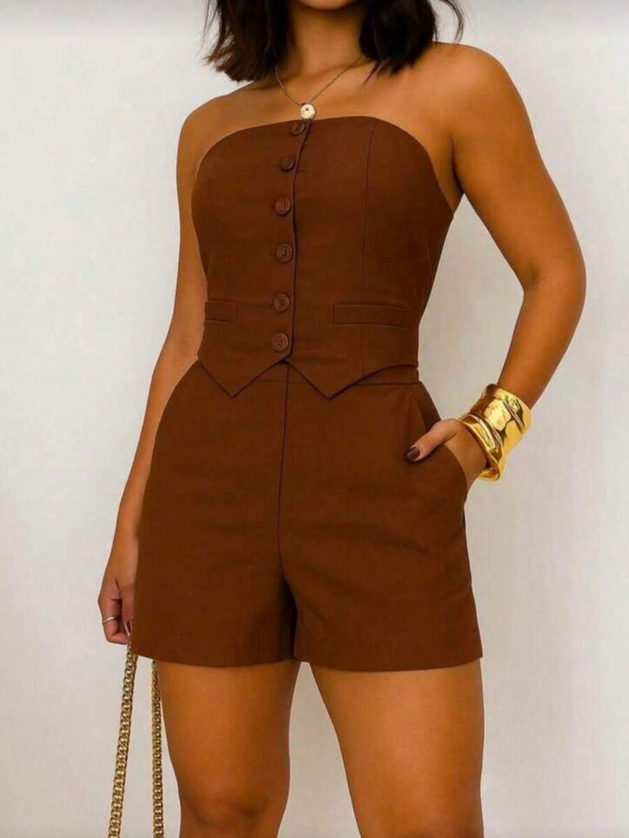 Strapless Dress And Tailored Shorts Set - Màu nâu  Mocha - Xem 1