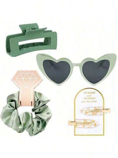 4pcs Bridesmaid Gift Set, Bridesmaid Hair Clip, Bridesmaid Headband, Bridesmaid Sunglasses, Bridal Party Gift, Soft Silk Satin Hair Accessories, Bridesmaid Wedding Gift, Women (Green)