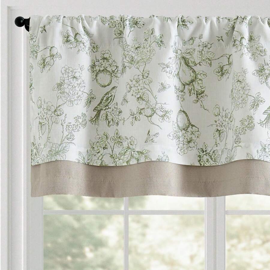 Linen Valance Kitchen Curtain Double Layer 16 Inch Living Room Bedroom Bathroom Window Treatment Blackout Vintage Rustic Farmhouse Cottagecore Rod Pocket 1 Panel On Beige - 印花布 | 綠色 - 查看 1