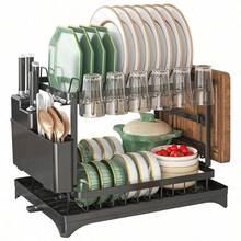 2 Tier Dish Drainer Rack For Kitchen Counter - Space-Saving Dish Rack With Utensil Holder And Cutting Board Holder Large Capacity Drying Rack With Draining Board, Black - Black - View 1