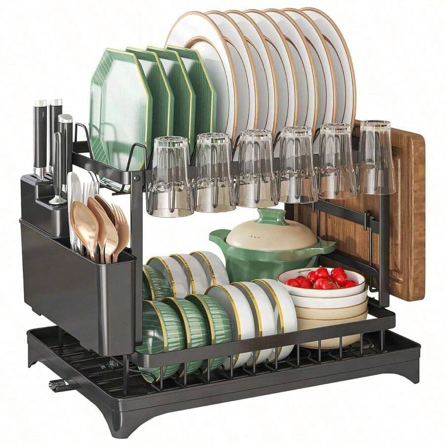 2 Tier Dish Drainer Rack For Kitchen Counter - Space-Saving Dish Rack With Utensil Holder And Cutting Board Holder Large Capacity Drying Rack With Draining Board, Black - Black - View 1