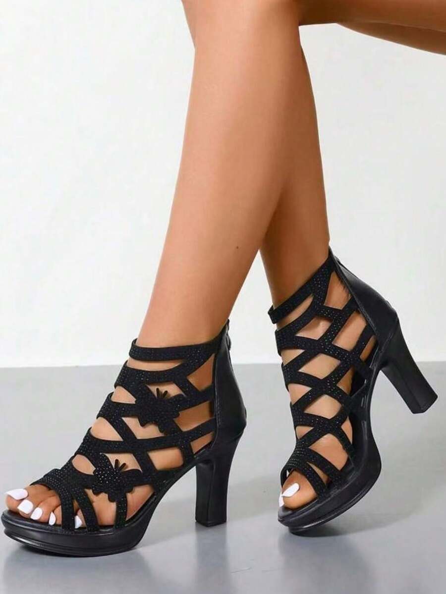 Black Roman High Heel Sandals, New Fashion Hollow Butterfly Design Peep Toe Boots, Elegant Mother Shoes For Summer - Black Butterfly Rhinestones - View 1