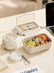 1pc Lunch Box Set, Includes Lunch Box, Insulated Bag, Breakfast Cup, Water Bottle, Suitable For Light Meals, Office, School, Outdoor Activities. Lunch Box, Salad Cup, Insulated Set. Compartment Lunch Box, Back To School Student Supplies, Lunch Box, Meal Bag - Beige - View 7