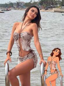 新款性感印花网纱拼接串珠三件套比基尼，挂脖式泳衣，适合海滩、泳池派对、春夏穿着 - 棕色 - 查看 1