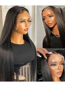 真人发蕾丝前假发 13x4 直发蕾丝前假发 高清透明 200% 密度 无胶假发 预先拔毛 带婴儿发 - Natural Black - 查看 6