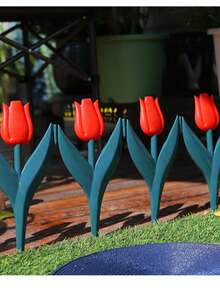 1pc Artificial Tulip Flower Garden Decor Plastic Fence For Lawn, Yard, Outdoor Landscape Decoration - Red - View 1