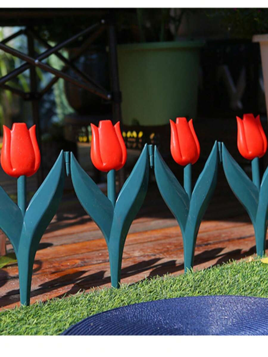 1pc Artificial Tulip Flower Garden Decor Plastic Fence For Lawn, Yard, Outdoor Landscape Decoration - Red - View 1