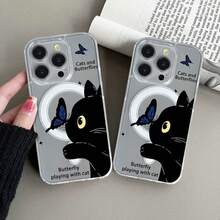 Cat phone case suitable for  17 16 16E 15 14 13 12 11 Pro Max 17 Air 16 Plu Transparent magnetic suction is simple and elegant, easy to charge, and acrylic material has a better hand feel - SKU1-7195WXcat - Ver 5