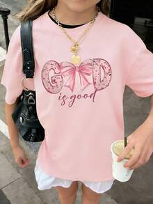 1pc Tween Girl Casual Printed Crew Neck Short Sleeve T-Shirt For Students, Summer - Pink Bow Artistic Style Inspiring Creativity And Self-Expression - Pink - View 8