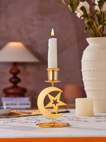 1Pc/Set Star And Moon-Themed Candle Holder. Made Of Bright Gold Metal Wire, It Is Crafted Into A Mesh Hollow Design. The Style Is Minimalist. Suitable For Decorating The Living Room Table Or Bedroom Vanity In A Light Luxury Retro Home, Creating An Atmosphere For Romantic Dinners Or Casual Tea Rooms; It Is Also Suitable For Holiday Decorations And Small Gatherings Featuring Star And Moon Cultural Symbols, Such As Eid. - Multicolor - View 7