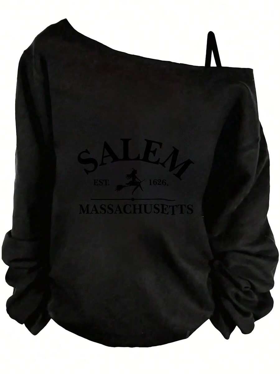Halloween Outfits For Women, Salem Witch Graphic Off The Shoulder Long Sleeve Sweatshirt, Casual Relaxed Fit, Gothic Style, Fall Vibes-Y2K Cute Tops, Casual Streetwear, Graphic Tees Women, Daily Outfits - 黑色 - 查看 1