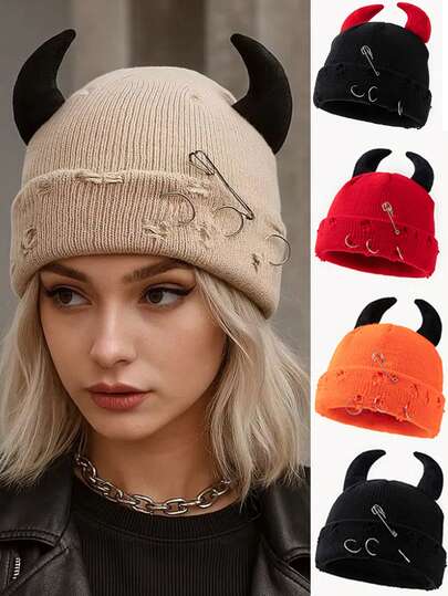 1pc Cute Little Devil Horn Knit Beanie Hat, Unique Hip Hop Style, Suitable For Autumn/Winter, Party & Gathering