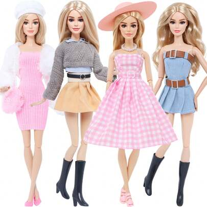 30cm Doll Clothes 4-Piece Set, Including Dress, Sweater, JK Skirt, Denim Skirt, Fitted Long Skirt, Fur Coat, Hat, Shoes, Necklace, Bracelet Set, Princess Toy Birthday/Holiday Gift (Doll Not Included)