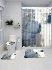 1/4 Piece Blue & White Bathroom Set, Including Shower Curtain, And 3 Non-Slip Rubber Backing Mats, Bathroom Accessories And Decor - Multicolor - View 7