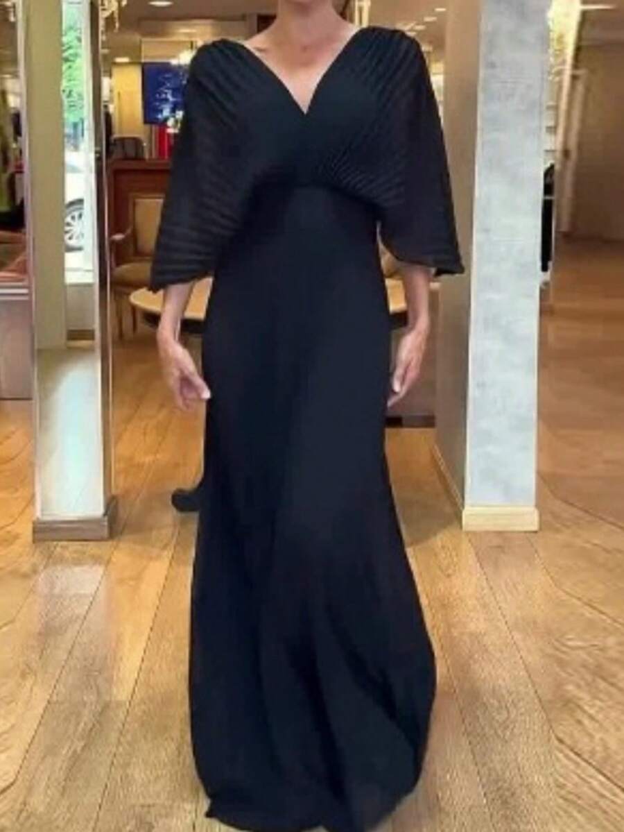 Dresses For Women,Women's Fashionable And Elegant Solid Color Pleated V-Neck Batwing Sleeve High Waist Full Skirt Long Dress - 黑色 - 查看 1