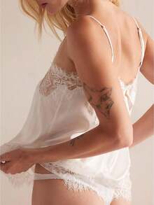 Satin Pajama Set For Women 2 Piece Lace Lingerie Set Y2k Silk Spaghetti Strap Cami Tops And Shorts Set Sleepwear - 白色 - 查看 9