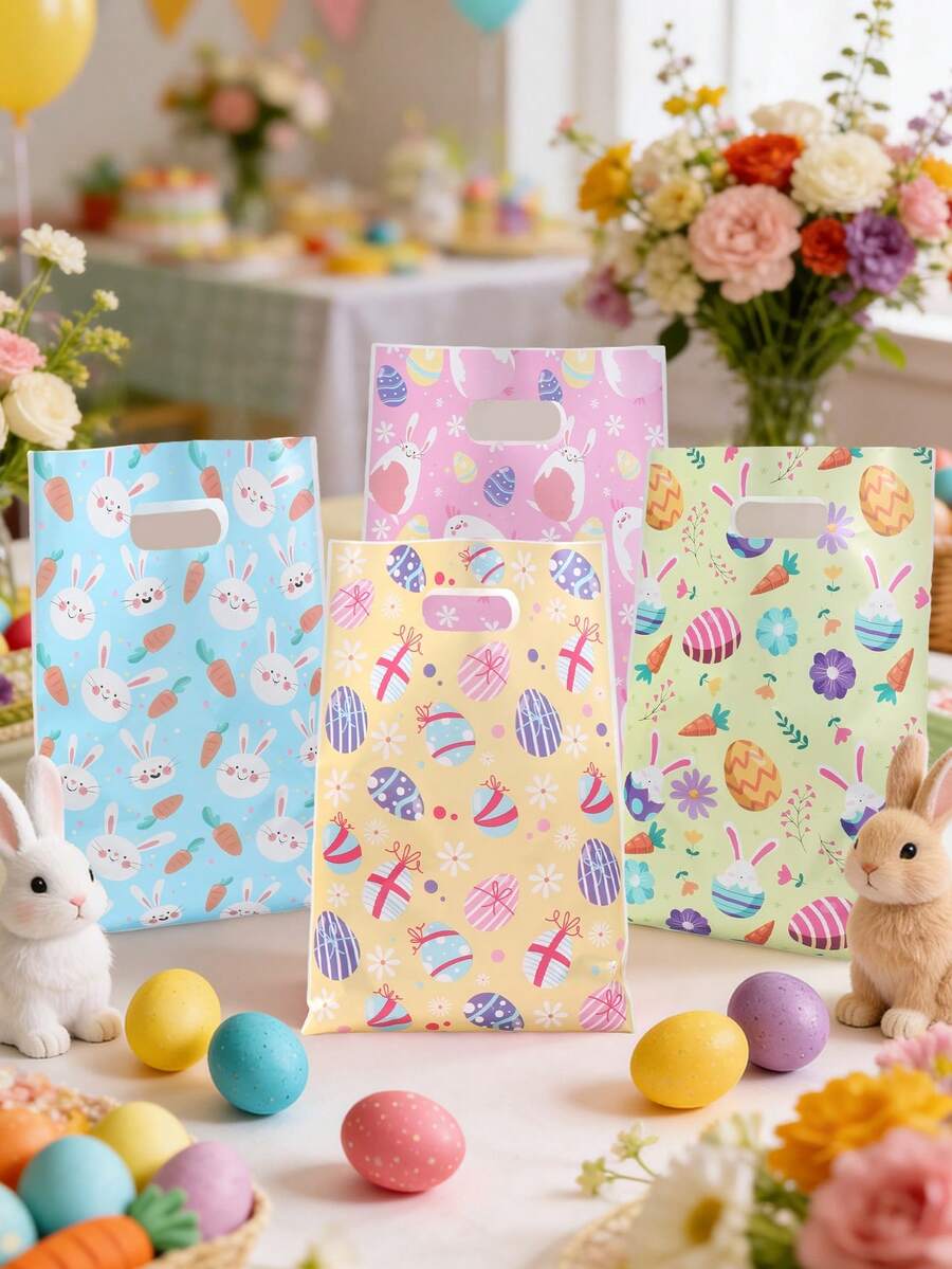 10/25/50个装复活节礼品袋，混合复活节卡通兔子图案礼品包装袋，适用于复活节派对装饰、复活节派对回礼、复活节欢乐装饰、可爱复活节兔子购物袋、复活节小物件收纳袋、复活节糖果袋、复活节家庭聚会餐桌装饰