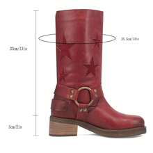 Women's Mid Calf Cowboy Boots Buckle Round Toe Chunky Low Heel Boots Studded Embossed Gothic Punk Riding Boots Pull On Goth Shoes  Western  Party - 紅色 - 查看 5