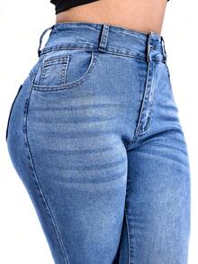 Y2K High-Waisted Slim Fit Jeans With Embroidered Bow & Metal Decor Details, Highlighting Feminine Charm, Versatile For All Seasons Casual - Medium Blue - View 8