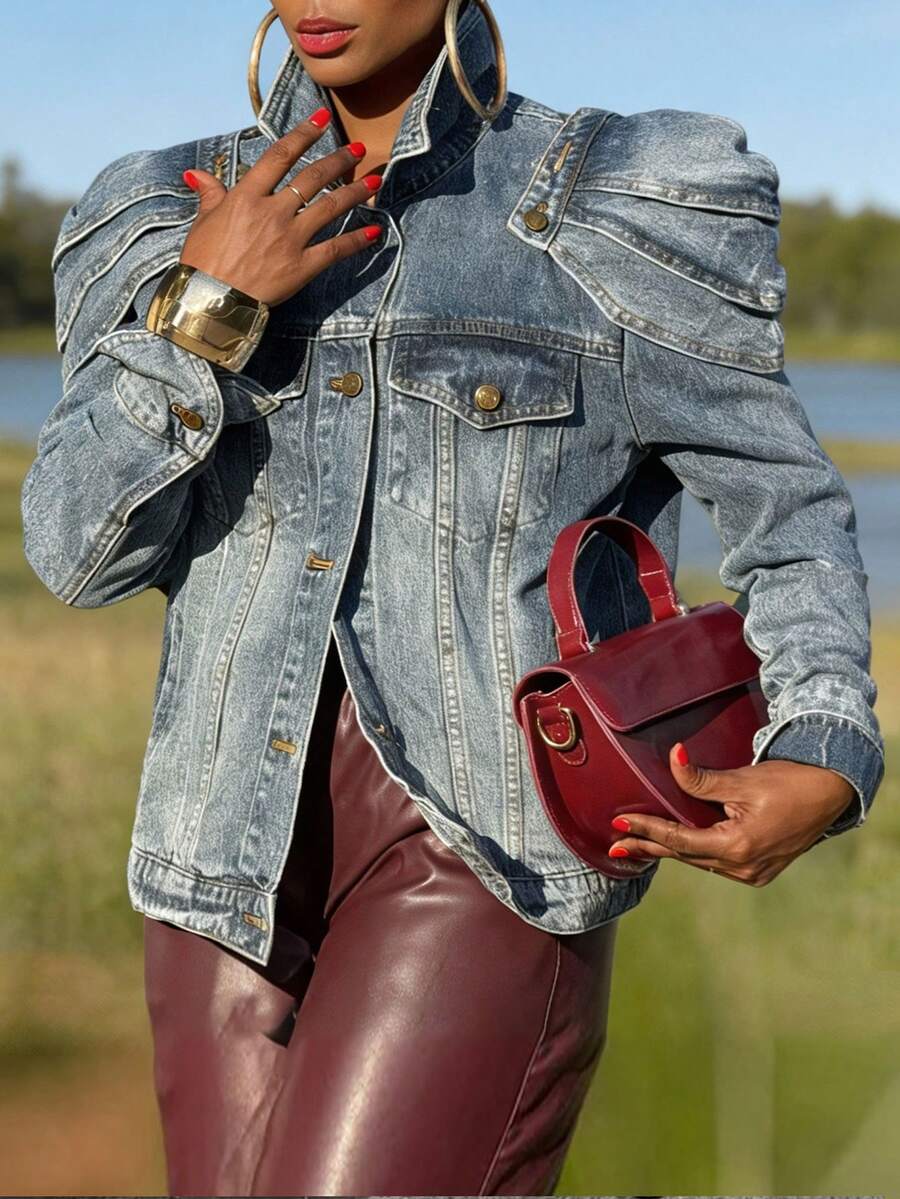 Women's  Denim Jacket With Removable Shoulder Pads & Multiple Pockets - Ideal For Dates, Daily Outfits, Commute & Gatherings - 藍色 - 查看 1