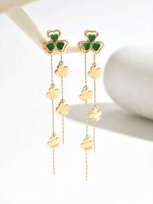 1 Pair Spring/Summer Green Clover Tassel Earrings, Multi-Layer Clover Design With Rhinestone Accents, Tassel Fringe, Suitable For Daily Wear, Gifts, Parties, Dates, Unique Design Earrings - Multicolor - View 2