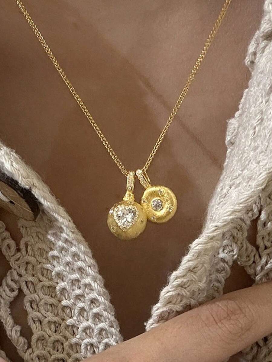 rundraw 1件优雅多吊坠锆石镶嵌心形铜金色项链，奢华风格女士日常佩戴，约会礼物，斋月，2026新年珠宝 - 金色 - 查看 1