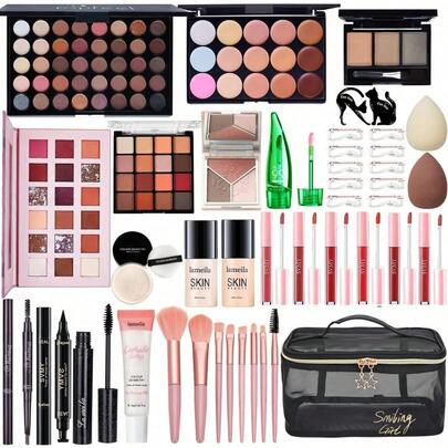 All In One Makeup Kit For Women Full Kit, Make Up Gift Set For Women, Makeup Essential Bundle Includes Foundation Face Primer Eyeshadow Contour Palette Lipstick Eyeliner Mascara Cosmetic Brush Set