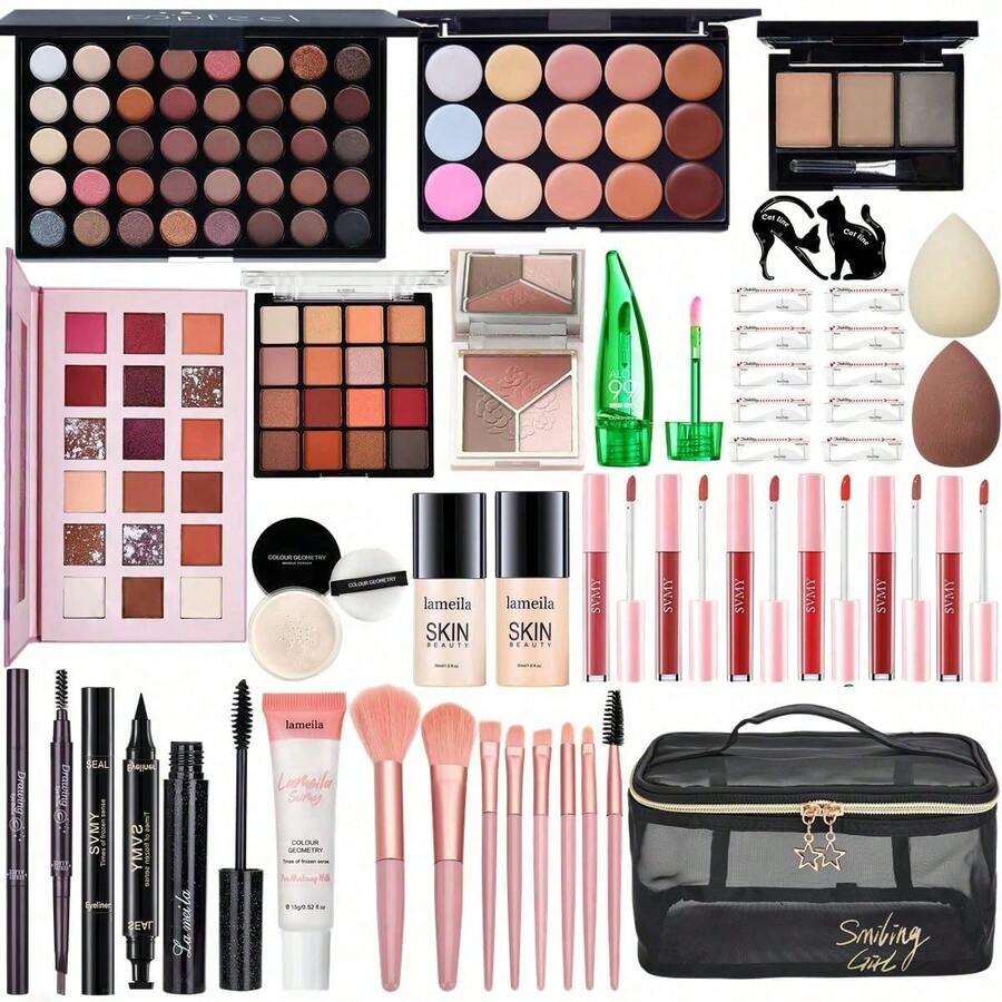 All In One Makeup Kit For Women Full Kit, Make Up Gift Set For Women, Makeup Essential Bundle Includes Foundation Face Primer Eyeshadow Contour Palette Lipstick Eyeliner Mascara Cosmetic Brush Set - default - View 1
